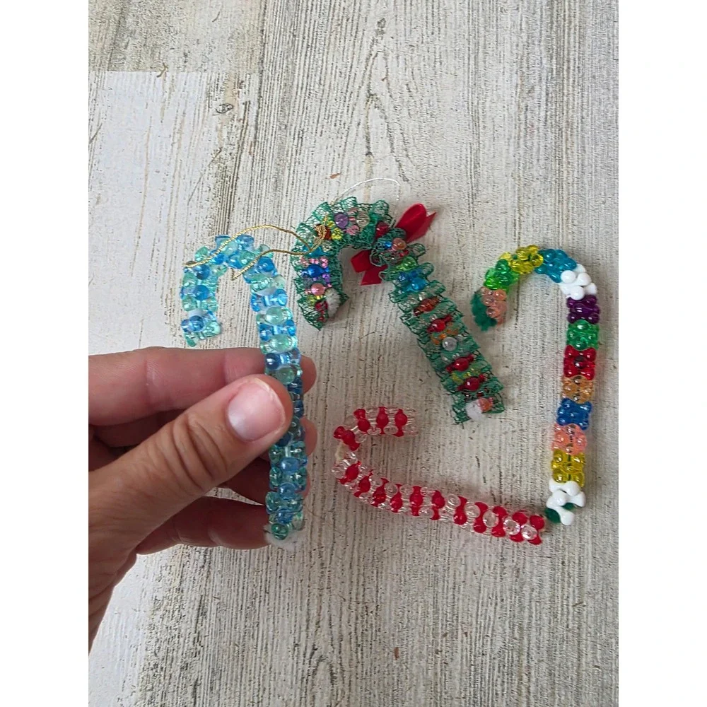 Vintage beaded rainbow candy cane ornament Xmas tree beaded